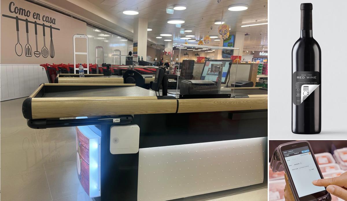 En la izquierda, antenas antihurto NS45 en una caja de cobro de un supermercado. A la derecha, solución RFID en etiquetas para vinos y RFreshID, el sistema para luchar contra el desperdicio de alimentos frescos.