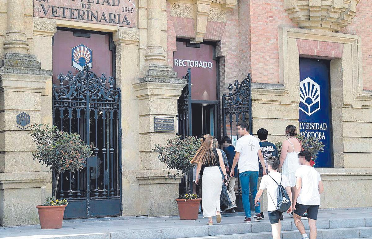 Unos alumnos se dirigen hacia la entrada del Rectorado de la Universidad de Córdoba.