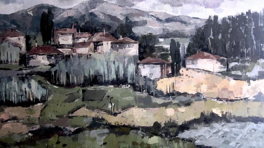 Paisaje con casas en Cangas. J. Otero. // Arquivo do autor