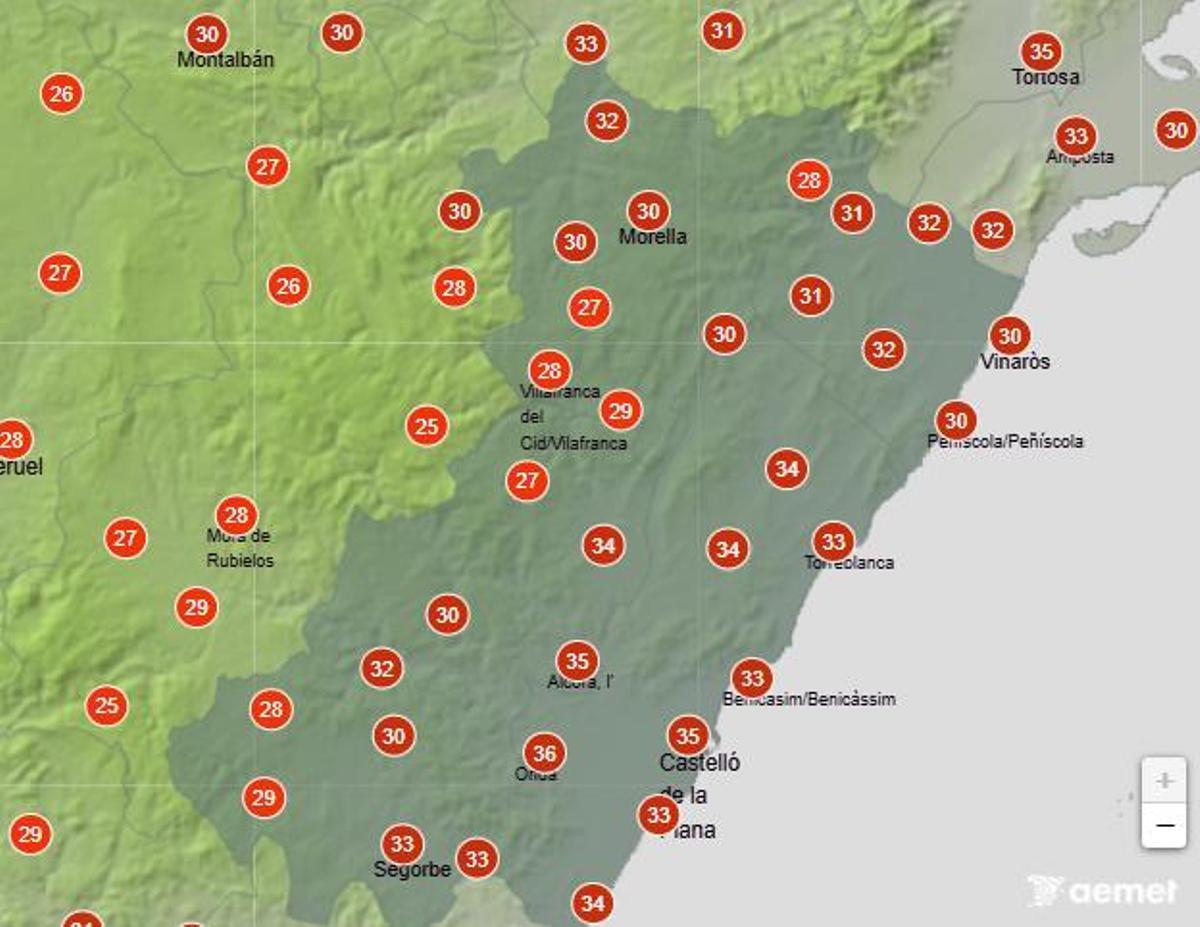 Temperaturas máximas en Castellón el jueves a las 15.00 horas.