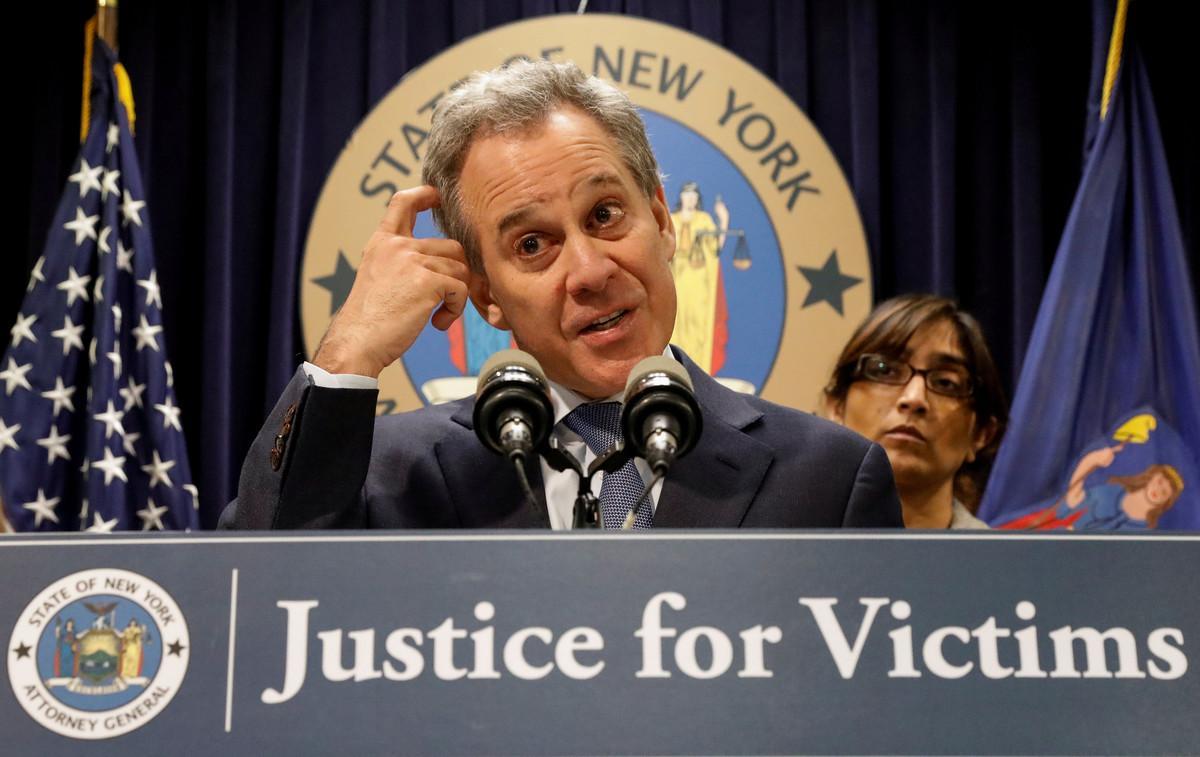 FILE PHOTO: New York Attorney General Eric Schneiderman speaks during a news conference to discuss the civil rights lawsuit filed against The Weinstein Companies and Harvey Weinstein in New York, U.S., February 12, 2018. REUTERS/Brendan McDermid/File Photo