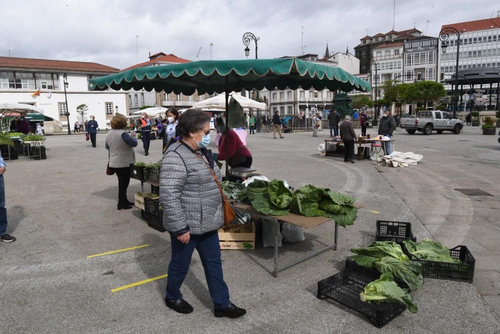 Una docena de vendedores de productos agroalimentarios de toda la comarca coruñesa acudieron a la plaza Irmáns García Naveira de Betanzos en el primer mercado semanal desde el inicio del confinamiento