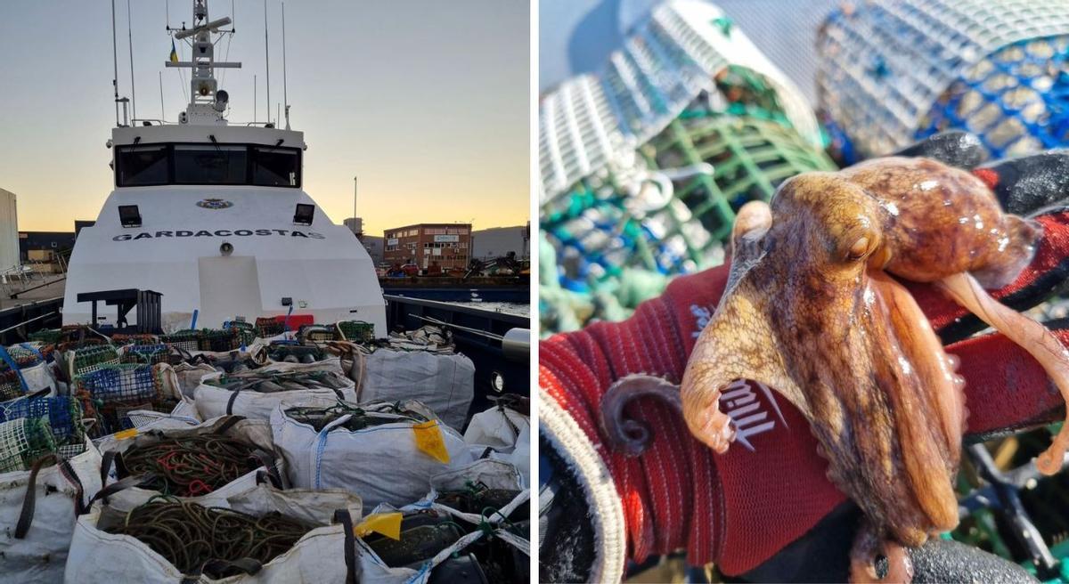 La patrullera con los cacharros y nasas incautadas y uno de los pulpos localizados