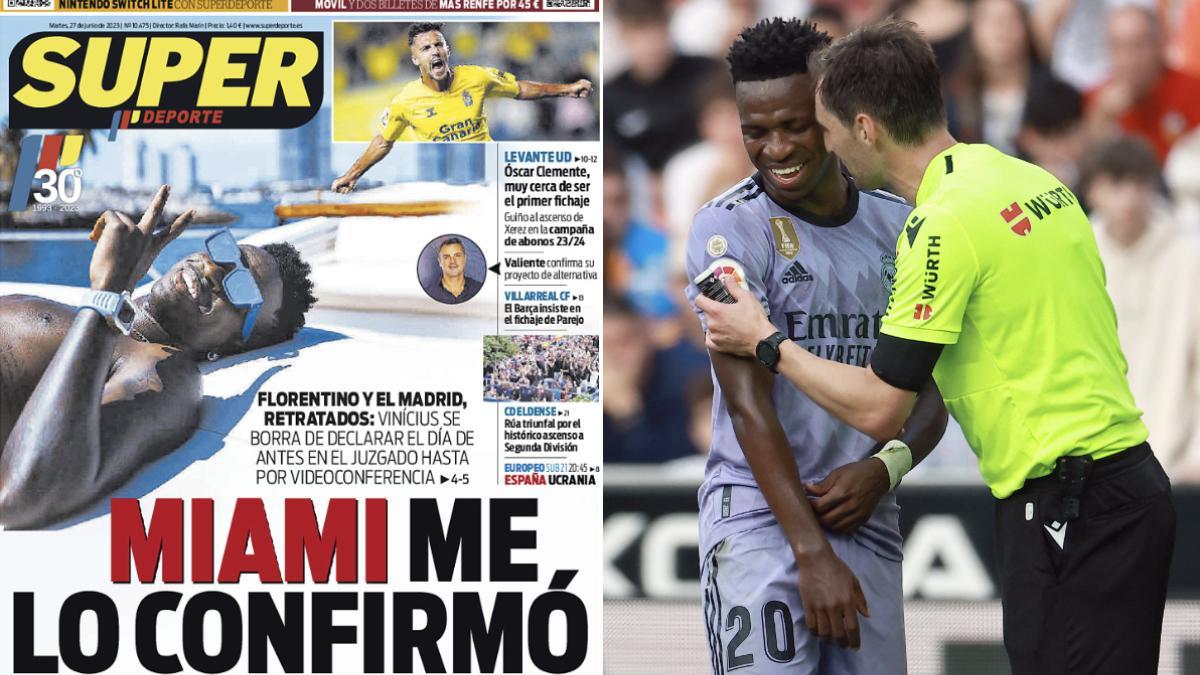 A la izquierda, la portada de 'Superdeporte' del 27 de junio de 2023. A la derecha, Vinícius JR con DE Burgos Bengoetxea durante el Valencia-Real Madrid de La Liga 2022/23