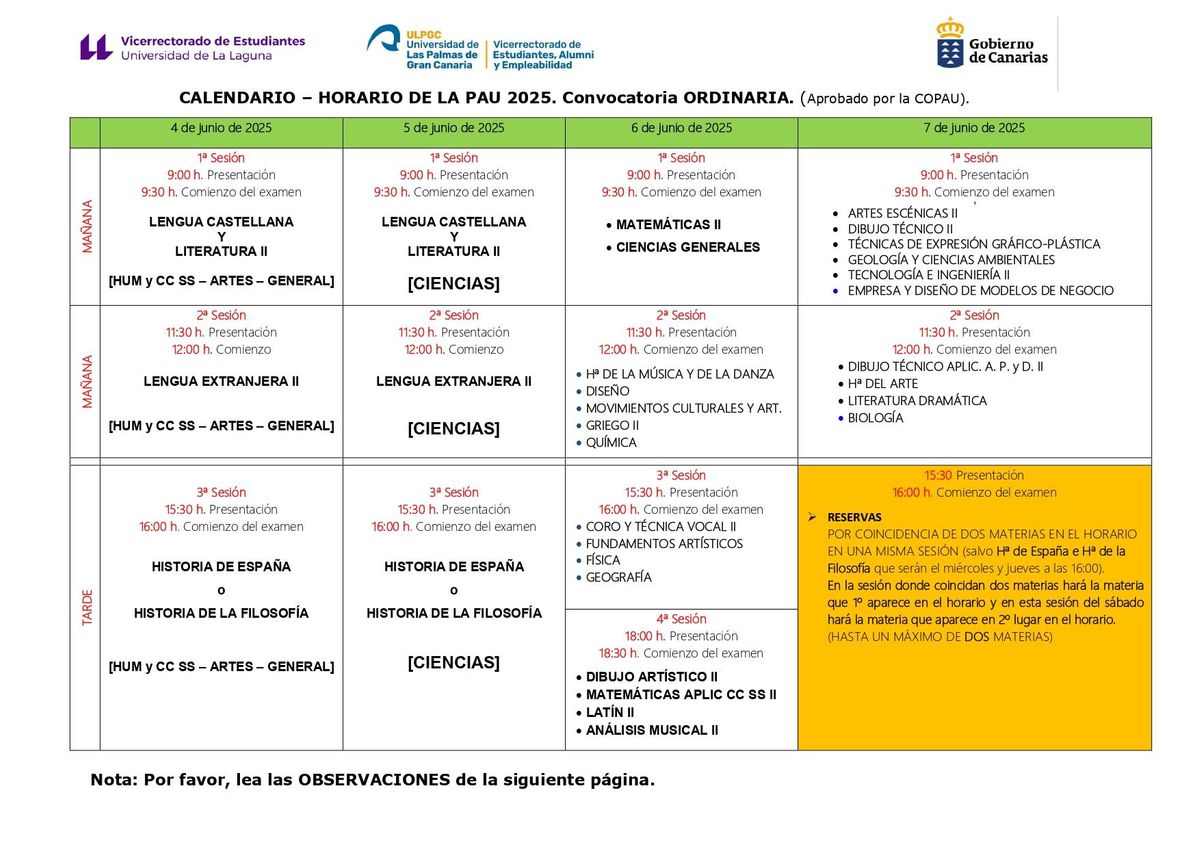 Calendario de los exámenes de la PAU en Canarias.