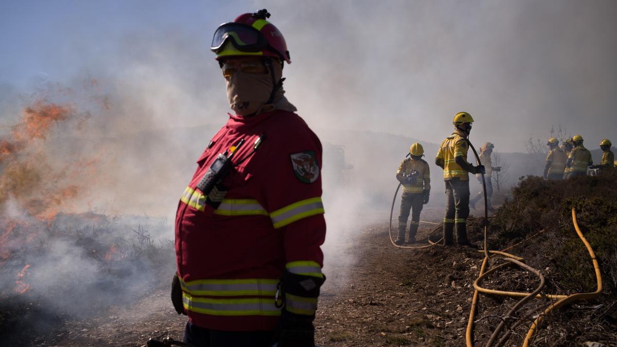 Un equipo de bomberos participa en una quema controlada en Aigra Velha, en el distrito de Coimbra, en el ámbito del proyecto 'Eye in the Sky'.