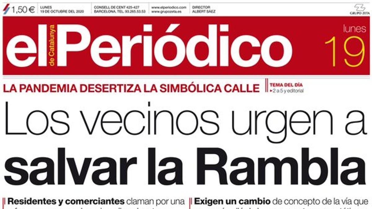 La portada de EL PERIÓDICO del 19 de octubre del 2020