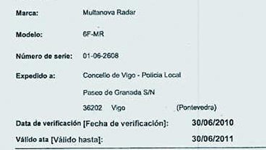 Certificado de radar válido hasta junio de 2011 adjuntado por error.