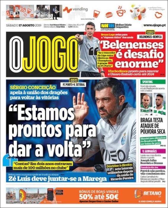 Portada O JOGO sábado 17 agosto 2019