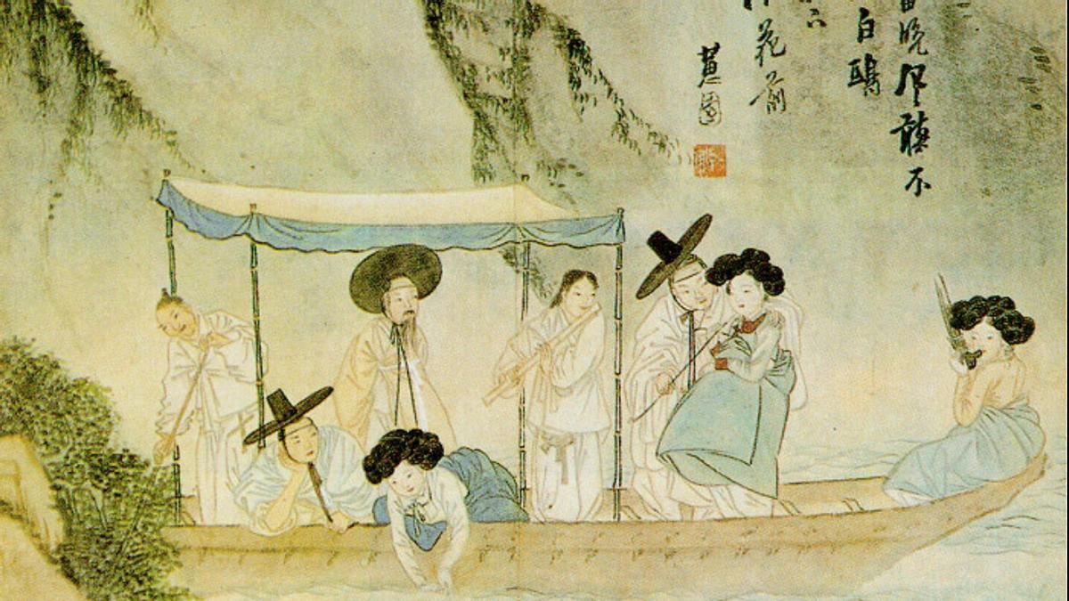 'Mujer tocando el saenghwang sobre un barco'. Pintura tradicional coreana, siglo XIX.