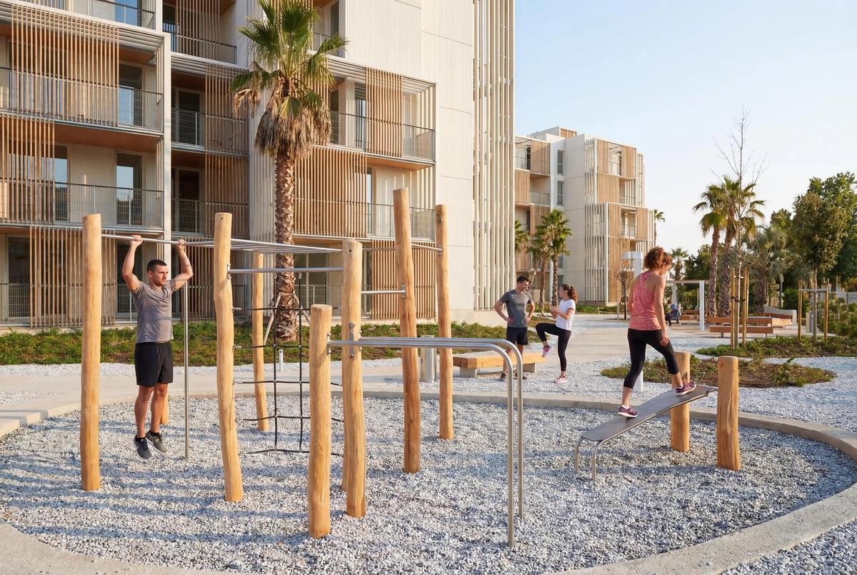 Kora Olea incluye zonas infantiles y de workout al aire libre.