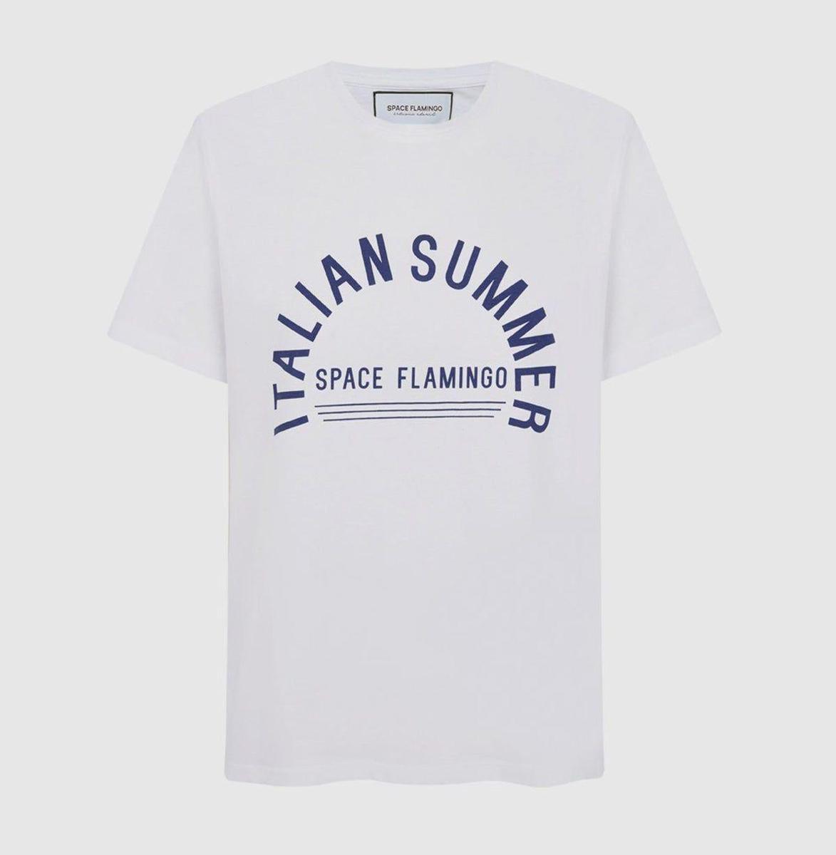 Camiseta blanca de algodón de Space Flamingo