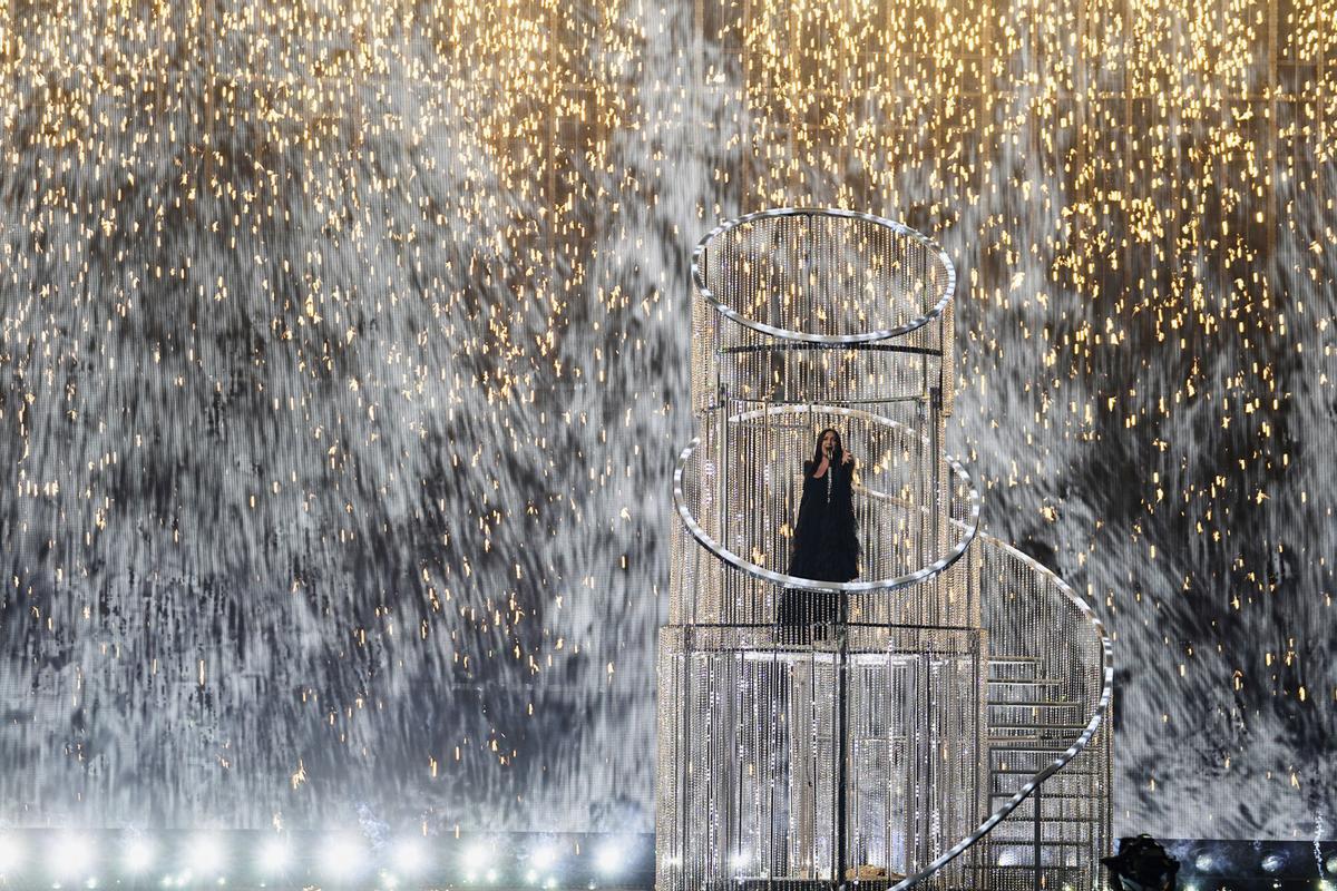 Yuval Raphael from Israel performs the song "New Day Will Rise" during the Grand Final of the 69th Eurovision Song Contest, in Basel, Switzerland, Saturday, May 17, 2025. (AP Photo/Martin Meissner)