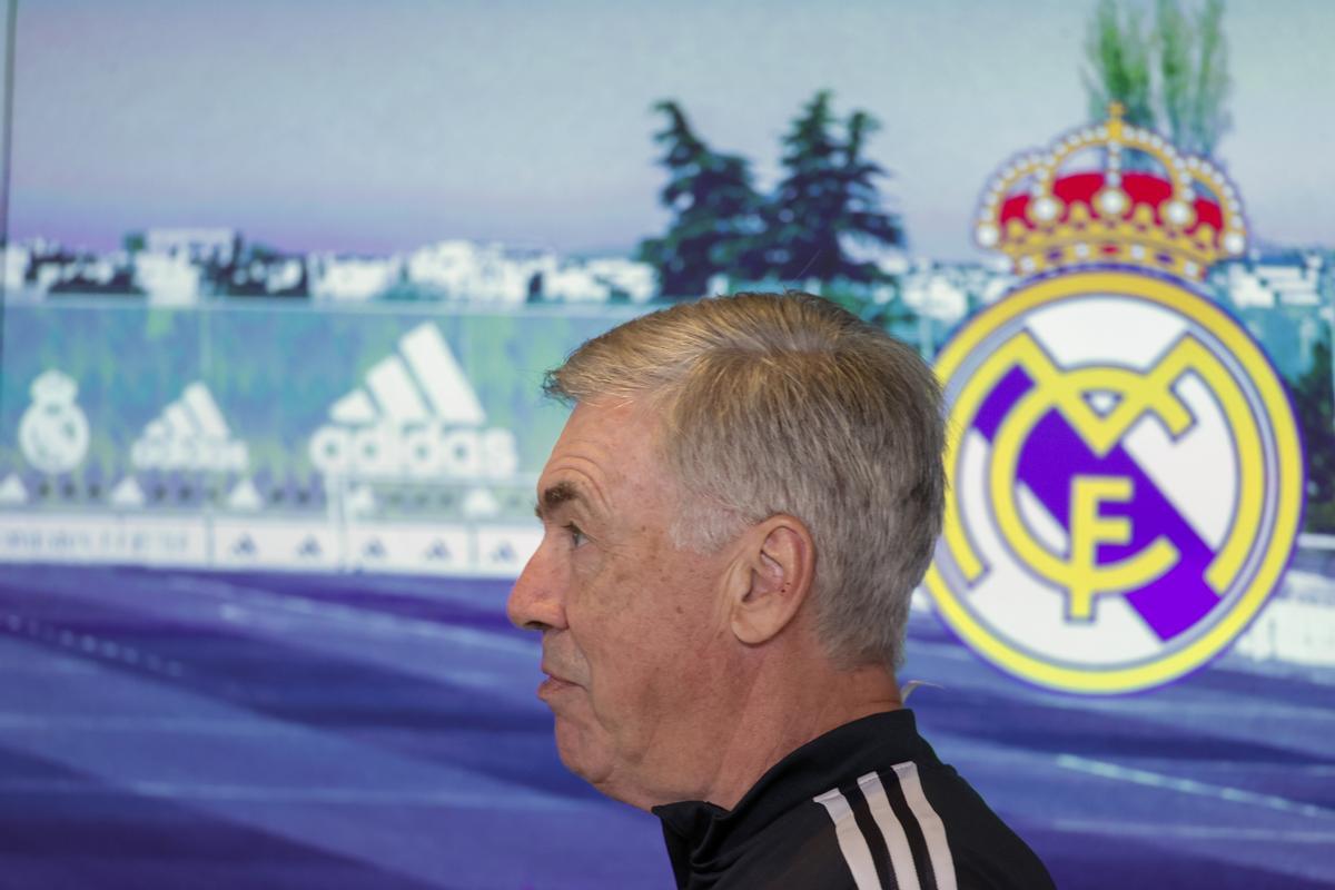 El entrenador del Real Madrid, Carlo Ancelotti, comparece en la previa al partido contra el Getafe.