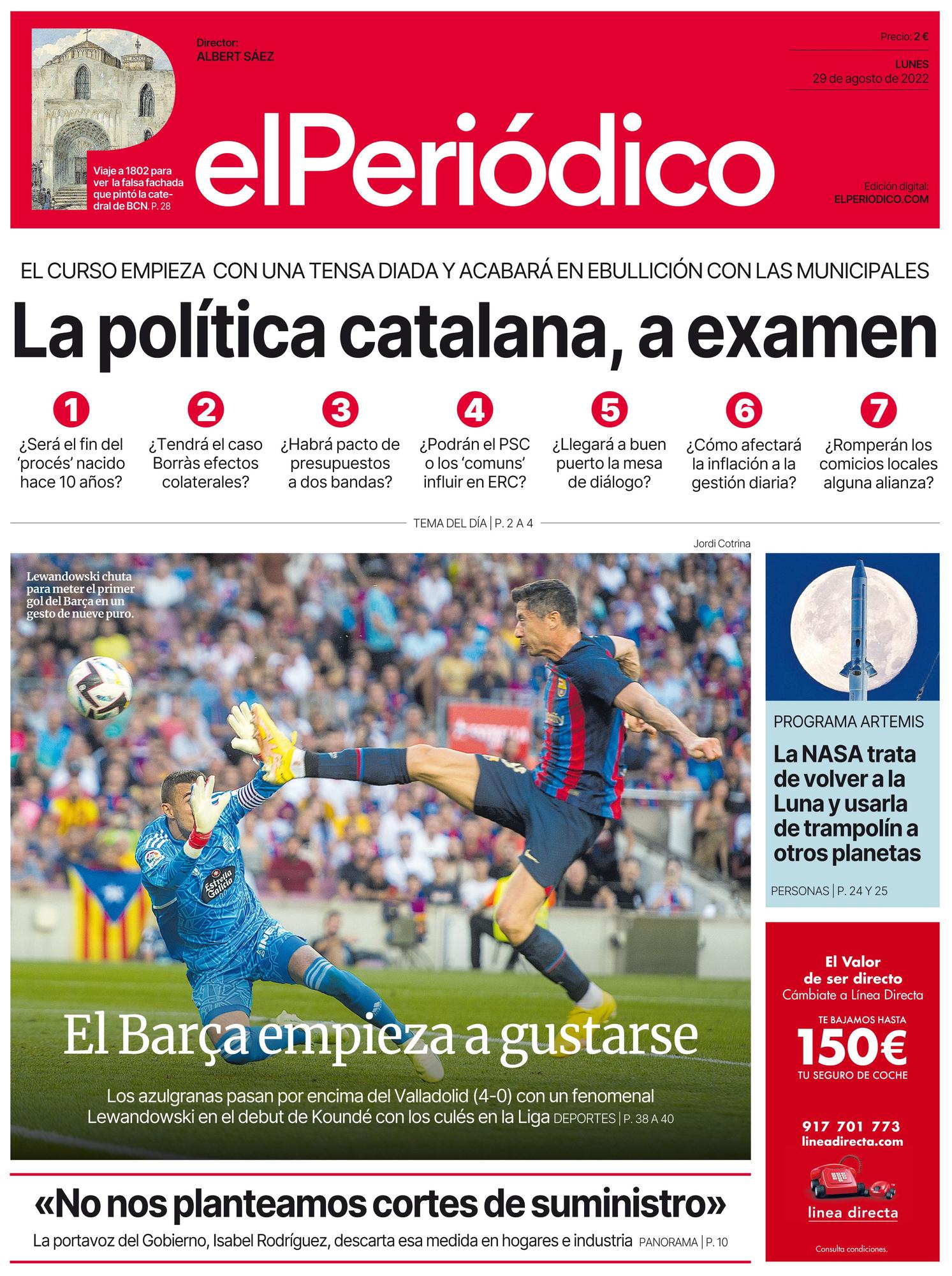 La portada de EL PERIÓDICO del 29 de agosto de 2022