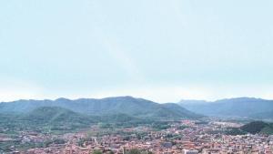 Panoràmica d’Olot i del Montsacopa,  volcà ubicat a la mateixa ciutat.