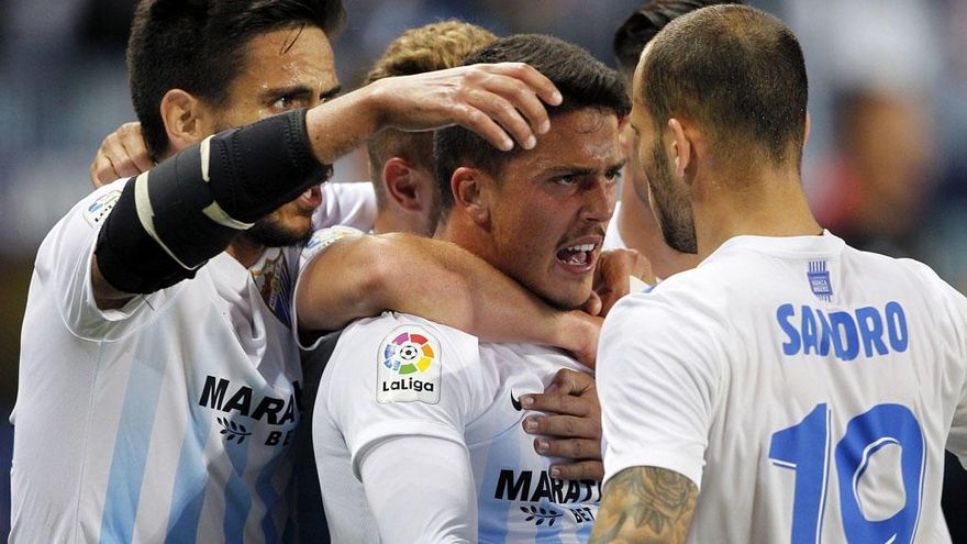 Pablo Fornals celebra un gol durante su época malaguista.