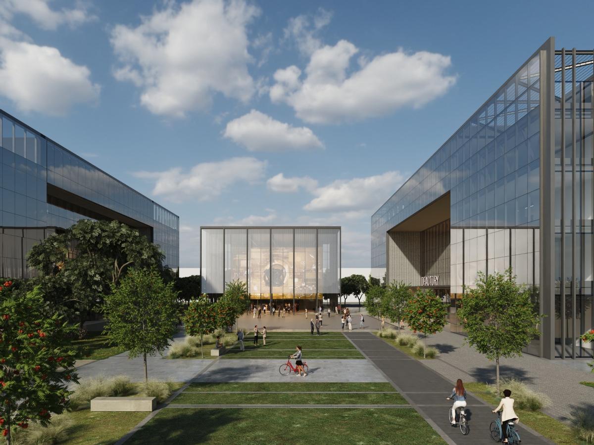 Render del edificio Cub, correspondiente a la ampliación de DFactory en la Zona Franca.