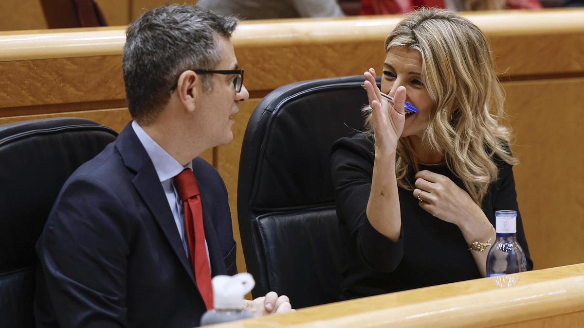 Félix Bolaños y Yolanda Díaz, la semana pasada en el Pleno en el Senado.