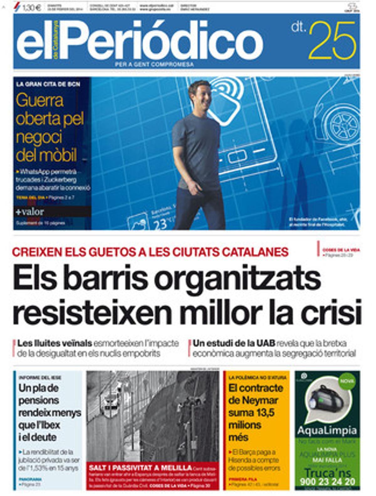 La portada d’EL PERIÓDICO DE CATALUNYA del 25 de febrer.