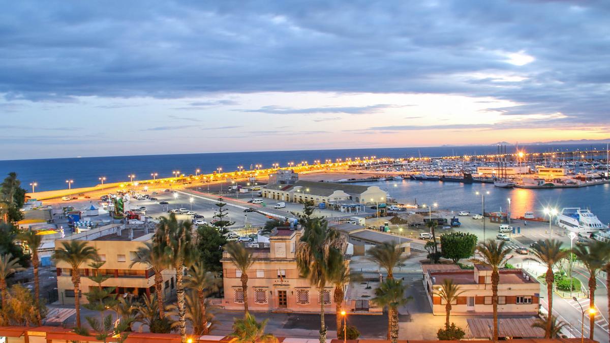 Imagen panorámica del puerto de Torrevieja con el &quot;relleno&quot;, la zona pesquera, el paseo del Dique de Levante y el acceso desde el casino