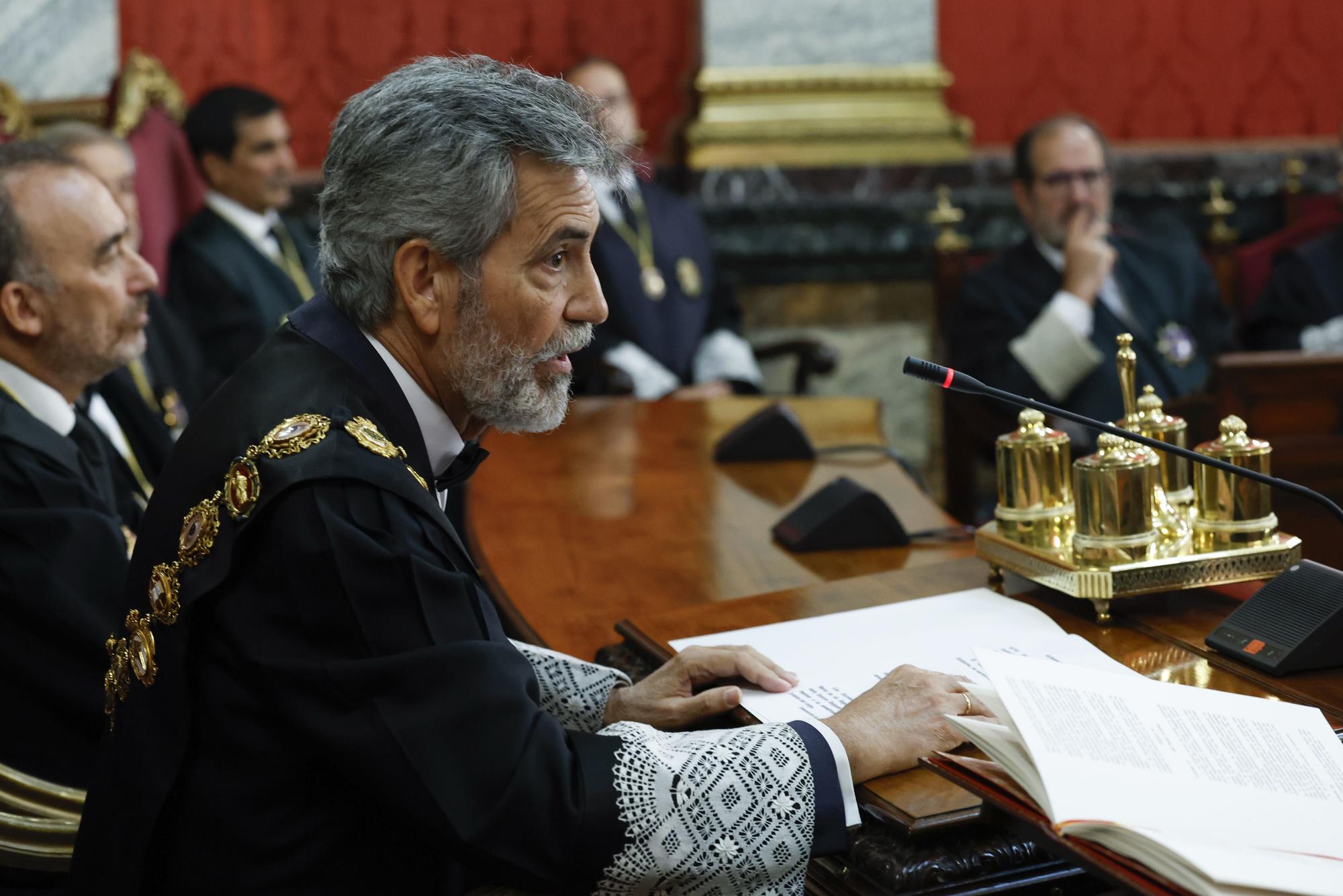 El presidente del CGPJ, Carlos Lesmes, durante la toma de posesión del nuevo fiscal general del Estado, Álvaro García Ortiz, en el Tribunal Supremo en Madrid, el 5 de septiembre.