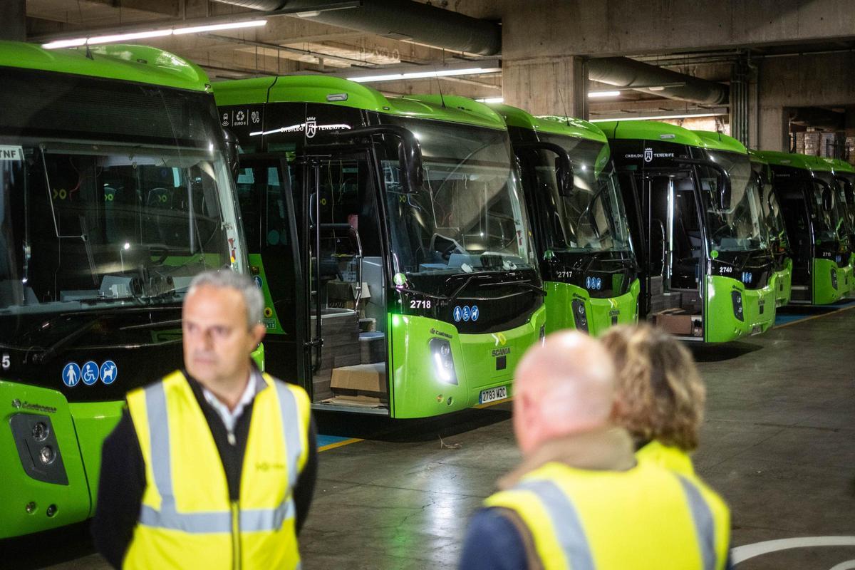 Guaguas incorporadas este año a la flota de Titsa en las cocheras de la empresa en Cuevas Blancas, al Suroeste de Santa Cruz