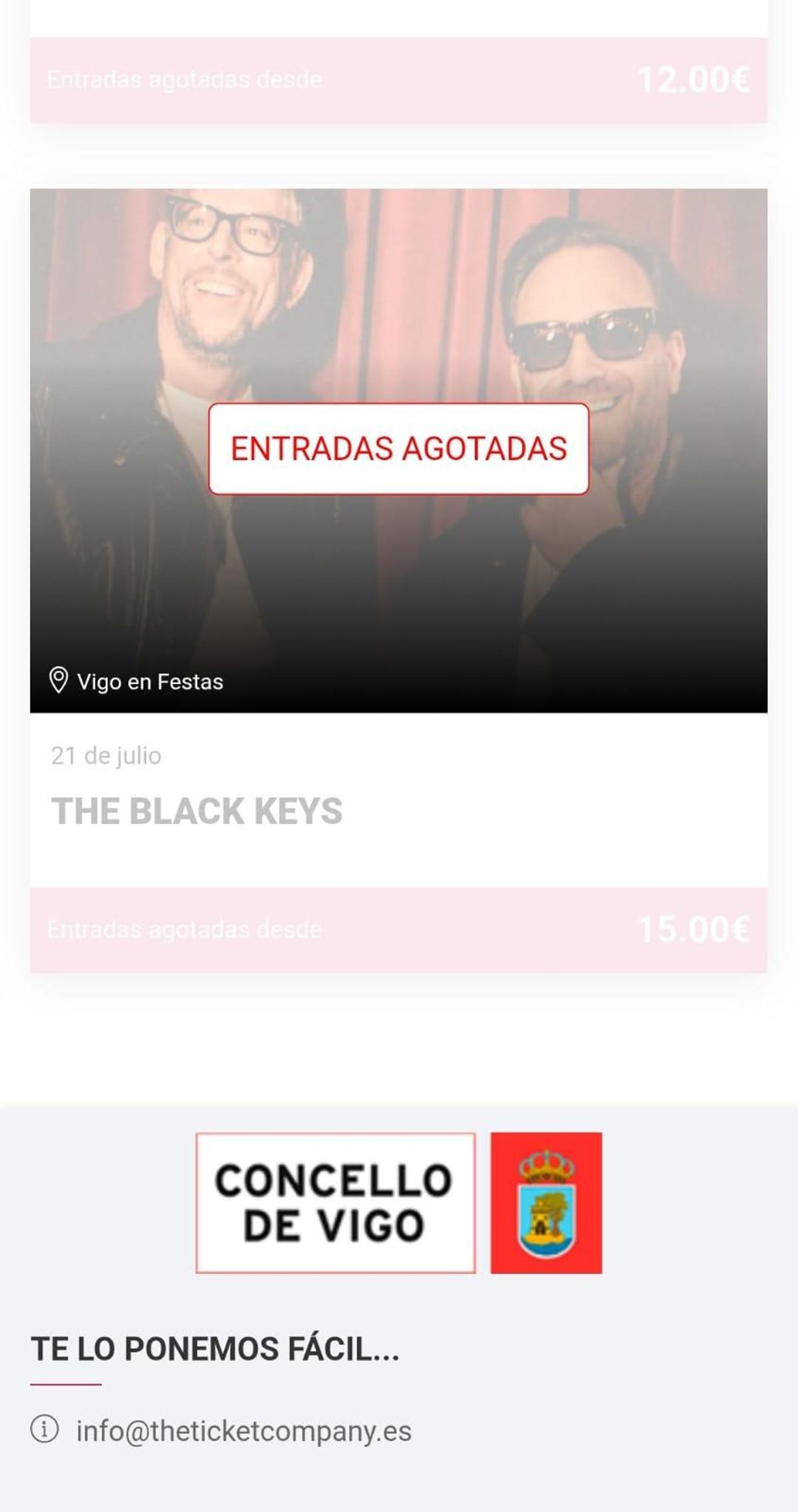 Captura del 'sold out' de las primeras 500 entradas a la venta vía online del concierto de Black Keys en Castrelos.