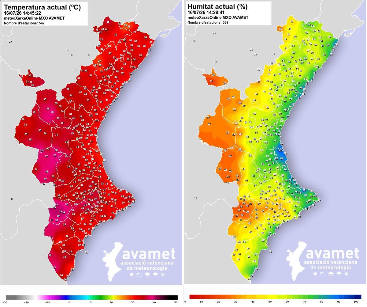 Temperaturas y humedad alrededor de las 14:30 de hoy, 6 de julio, en la Comunitat Valenciana.