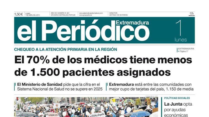 Esta es la portada de EL PERIÓDICO EXTREMADURA correspondiente al día 1 de abril del 2019