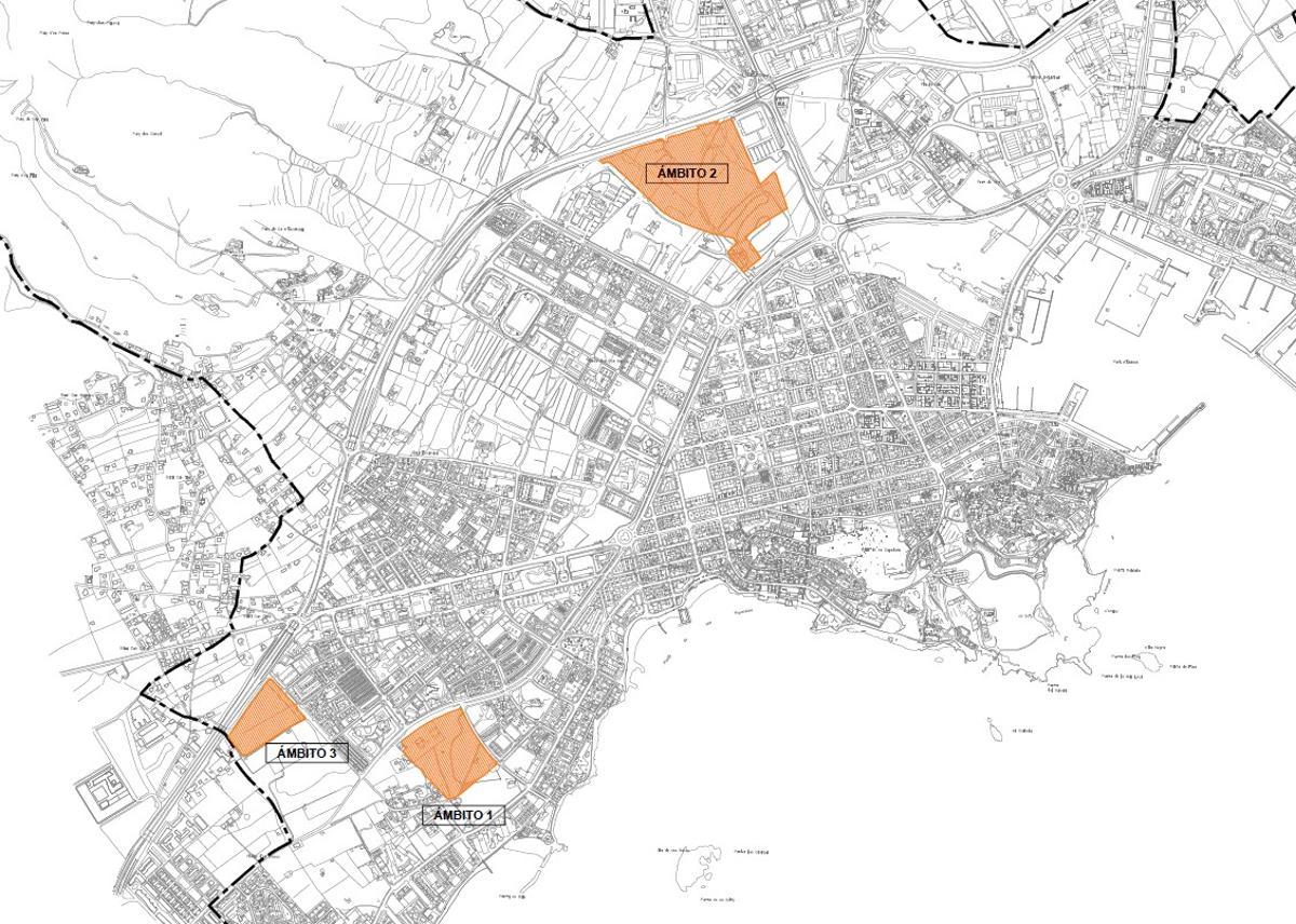 Los tres sectores que, según la documentación municipal de Vila, está previsto de momento convertir en PRE