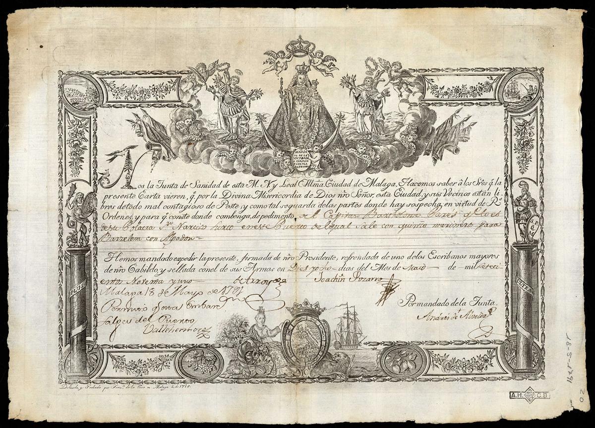 Patente de sanidad de Málaga emitida en 1788,, obra de Francisco de la Torre.