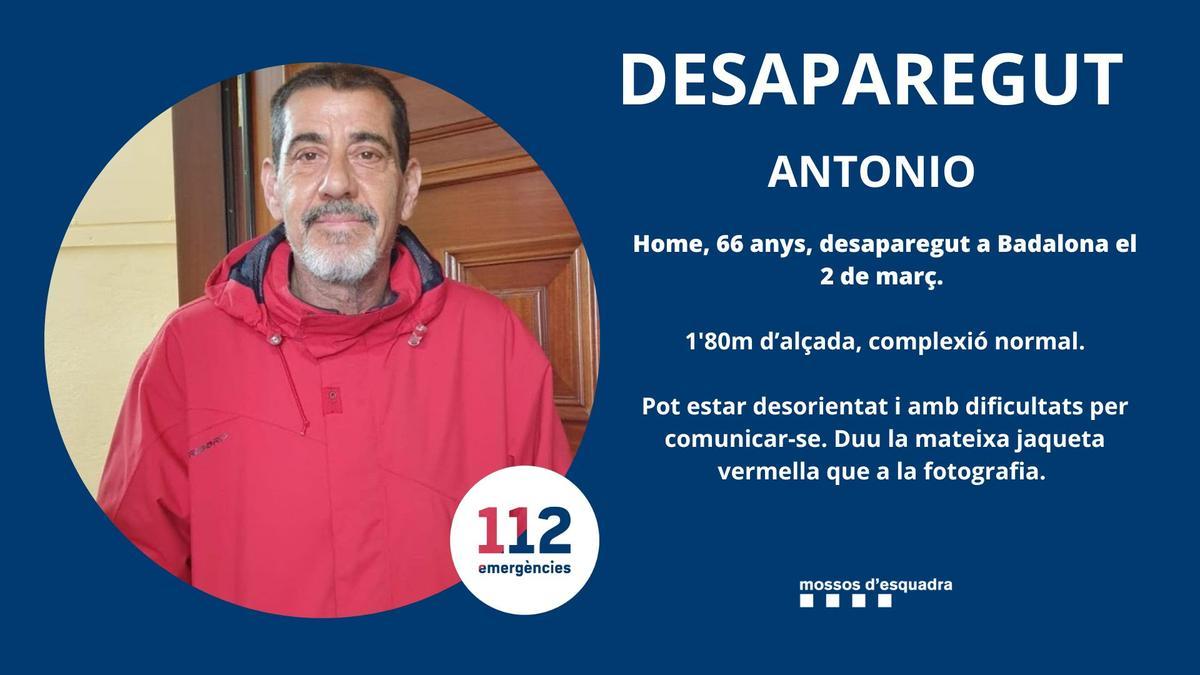 Cartel de los Mossos d'Esquadra para encontrar a Antonio, vecino de Badalona desparecido este lunes 2 de marzo