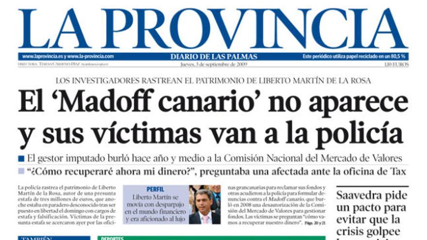 Portada de LA PROVINCIA / DLP del 3 de septiembre de 2009.