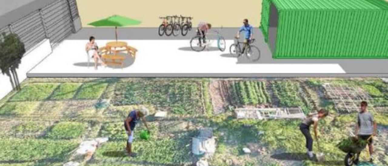 Huertos urbanos con paneles solares y un centro de promoción de la bici
