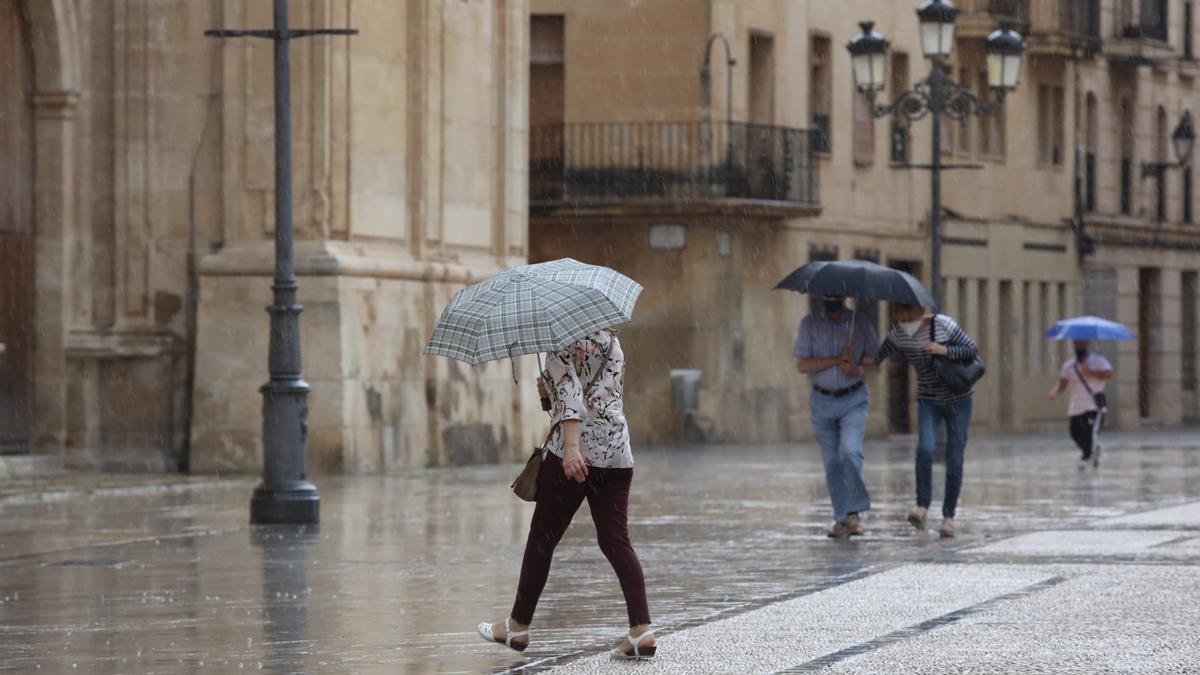 Ciudadanos protegiéndose de la lluvia en la Plaza del Congreso Eucarístico, de Elche