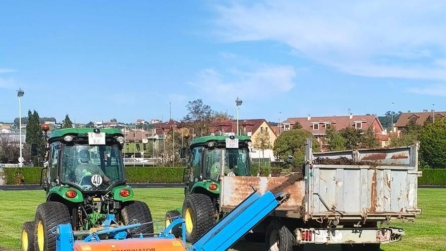 Obras en marcha para renovar el césped de Las Mestas para "mejorar las condiciones deportivas" en Gijón