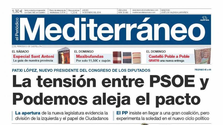 La tensión entre PSOE y Podemos aleja el pacto, en la portada de Mediterráneo