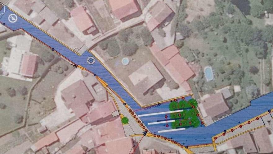 Un plano en el que se refleja la zona de coexistencia (en azul) en el entorno de la iglesia de Beluso.