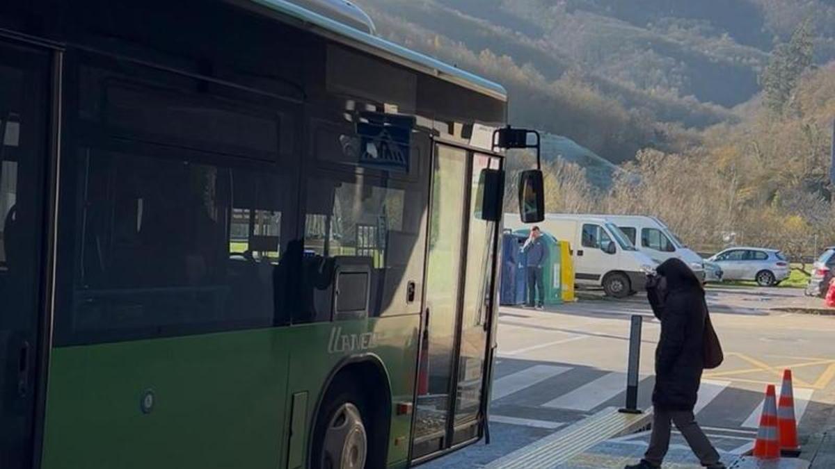 Una mujer accede al autobús desde una de las plataformas instaladas en las paradas de Pola de Laviana