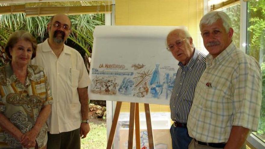 Isabel Vigliola, esposa de Mingote; Silva, Antonio Mingote y Miranda, en la casa del dibujante en S. Pedro de Alcántara.