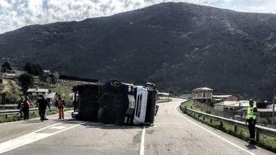 El camión volcado en la N-120, en A Rúa. // FdV