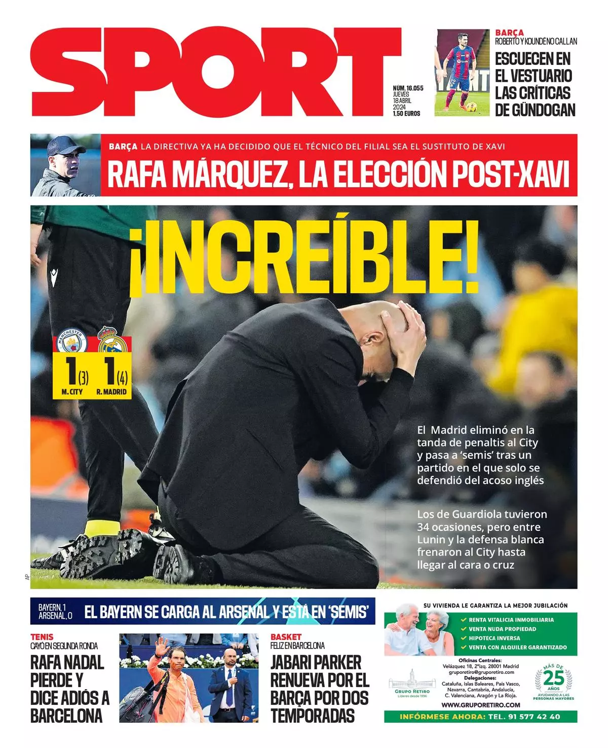 La portada SPORT de hoy, jueves 18 de abril de 2024