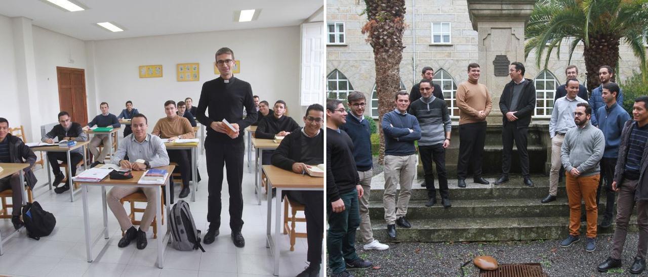 Los futuros sacerdotes, en un aula y en el claustro del Seminario de Ourense. // IÑAKI OSORIO