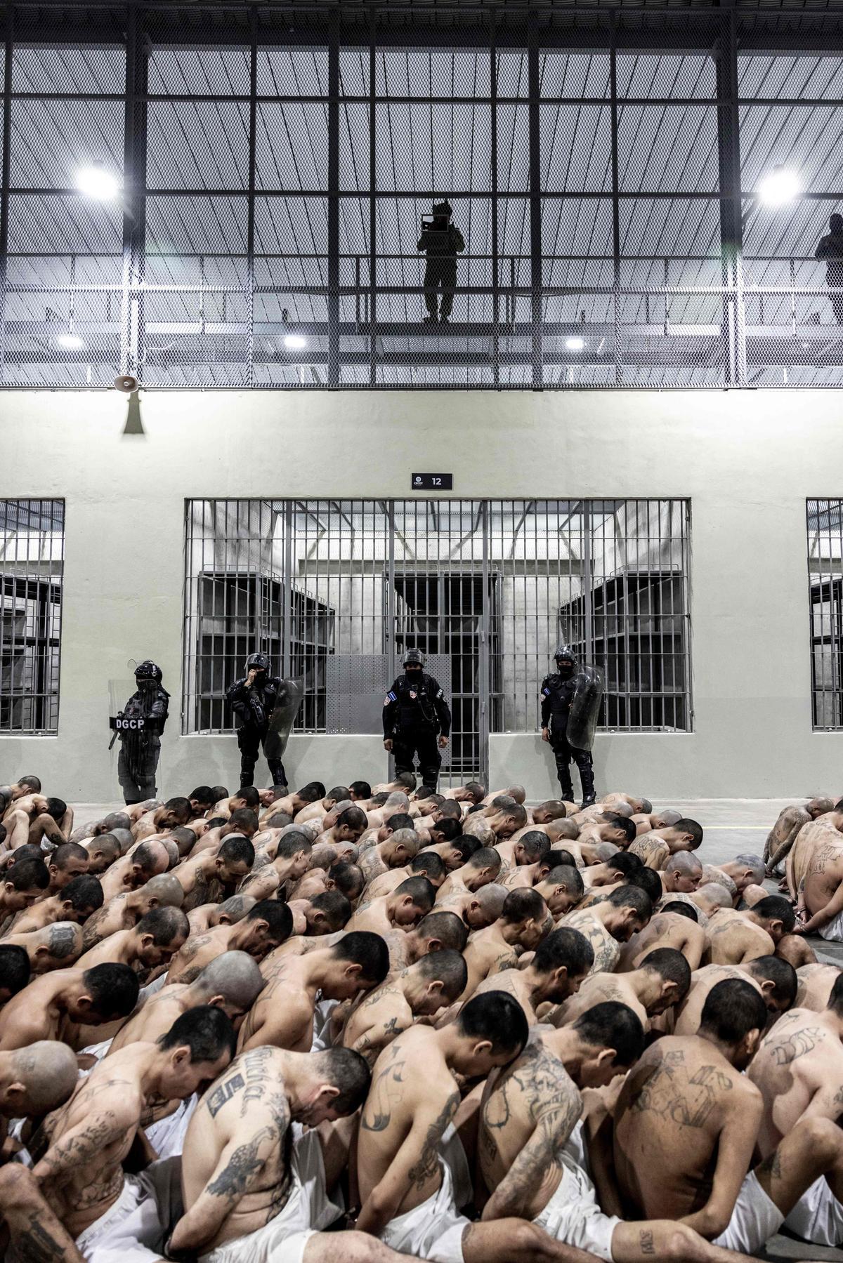 Segunda llegada de internos de las pandillas MS-13 y 18 al nuevo penal Centro de Confinamiento de Terroristas (CECOT) en Tecoluca, 74 km al sureste de San Salvador