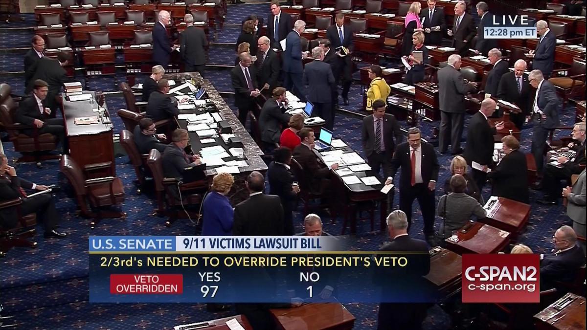 Captura de televisión del resultado de la votación en el Senado, contraria al veto de Obama, el miércoles.