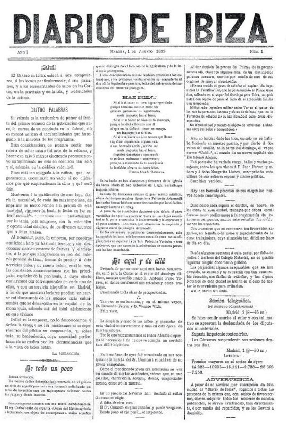 La portada del primer número de Diario de Ibiza, el 1 de agosto de 1893