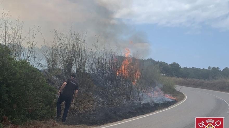 Bomberos e Ibanat extinguen un incendio de vegetación en una cuneta en Sant Joan