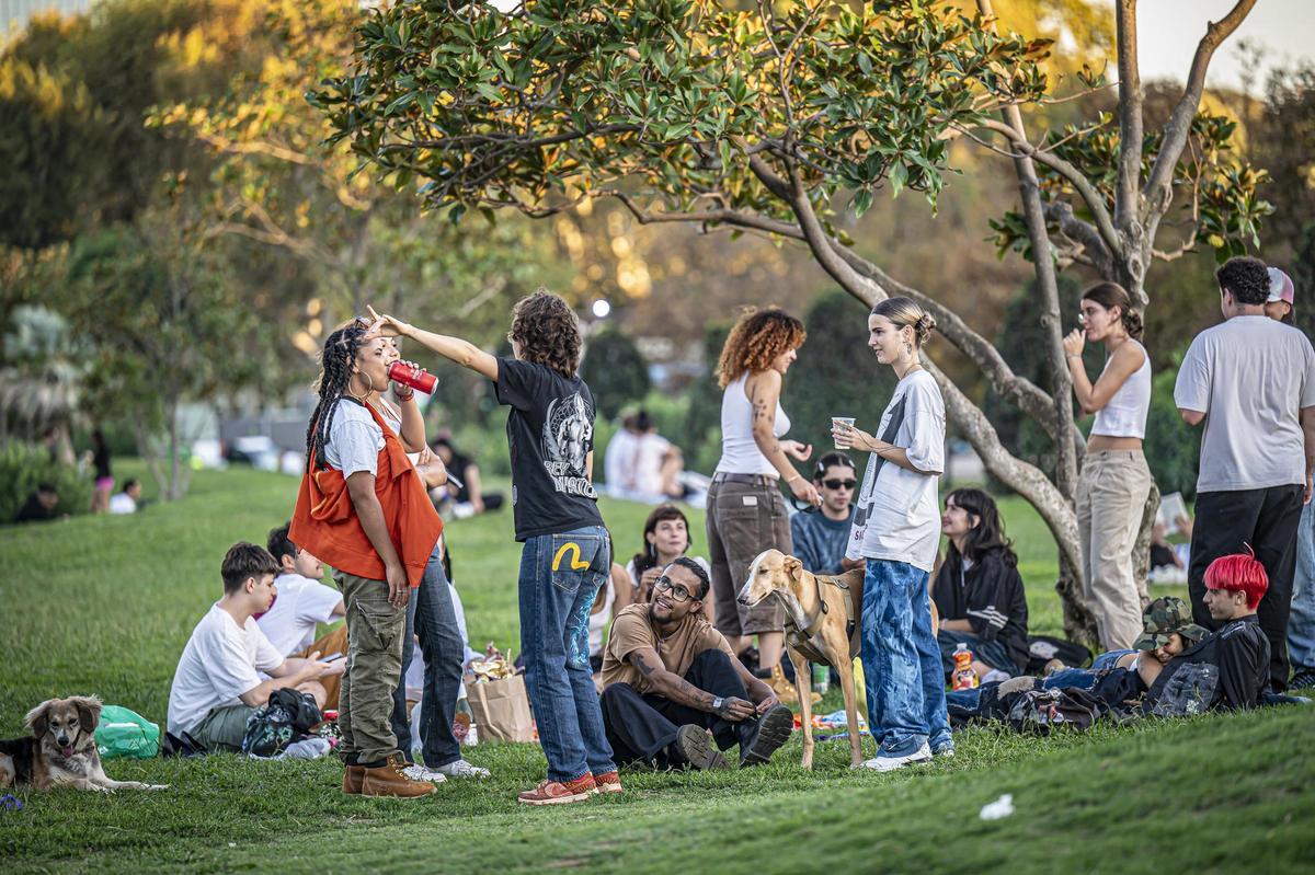 Jóvenes extranjeros en el parque de la Ciutadella bebiendo cerveza en lata, pese a que está prohibido según la ordenanza de civismo