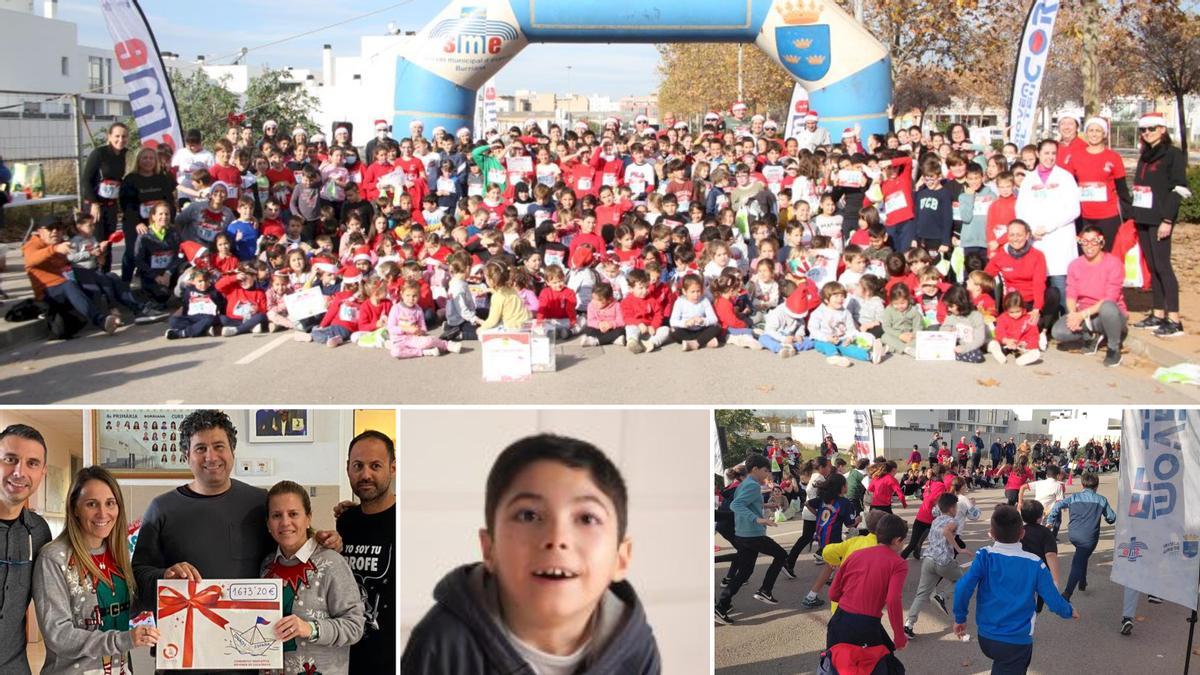 Más de 350 niños y niñas (foto superior) participaron en la San Silvestre del CEIP Novenes de Calatrava dedicada al pequeño Gerard Sanahuja (abajo, foto del centro). La comunidad educativa entregó al padre de Gerard (abajo a la izquierda) el cheque de casi 1.700 euros que se dedicarán a la investigación de la GNAO1